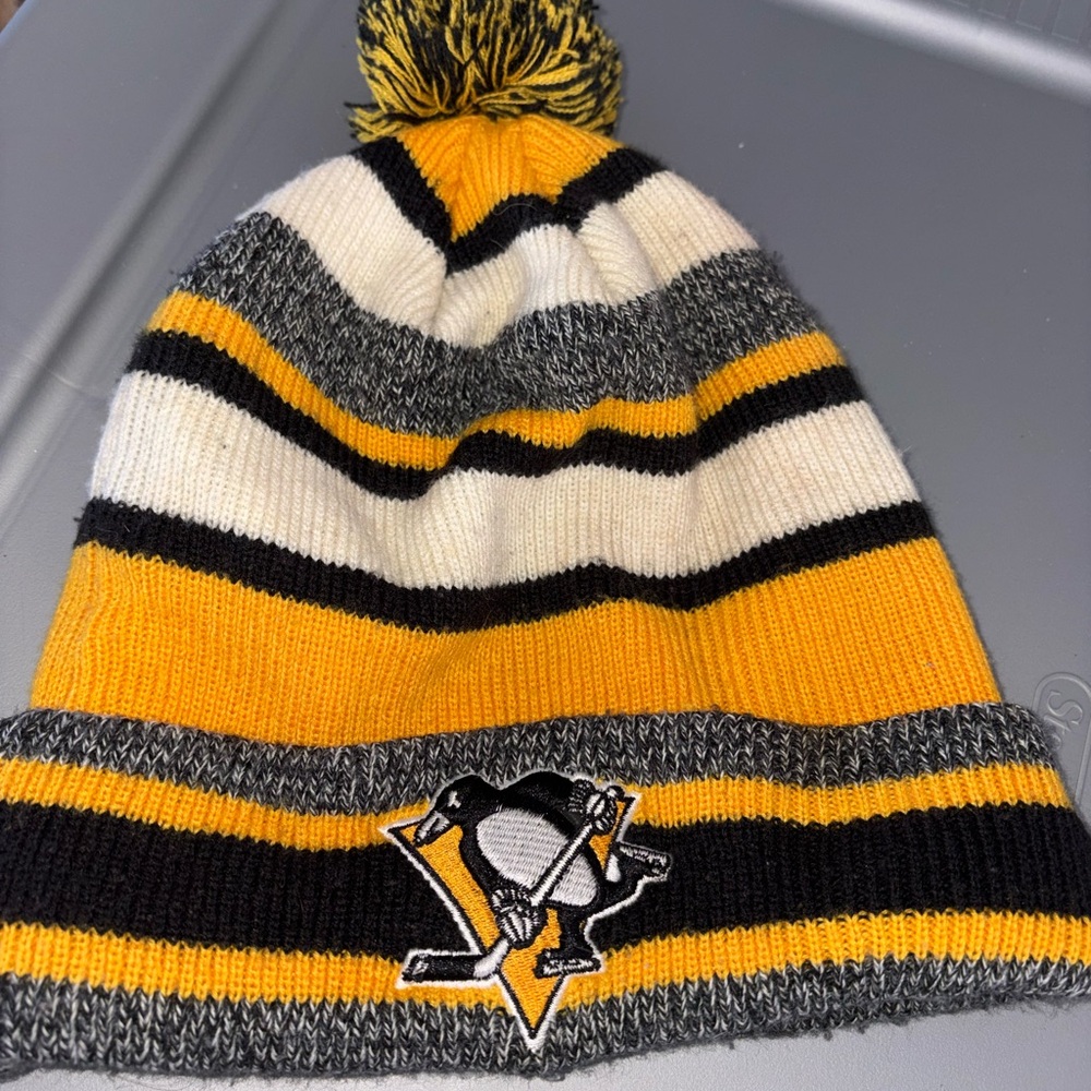 Reebok Yellow, Black, and White Striped Beanie